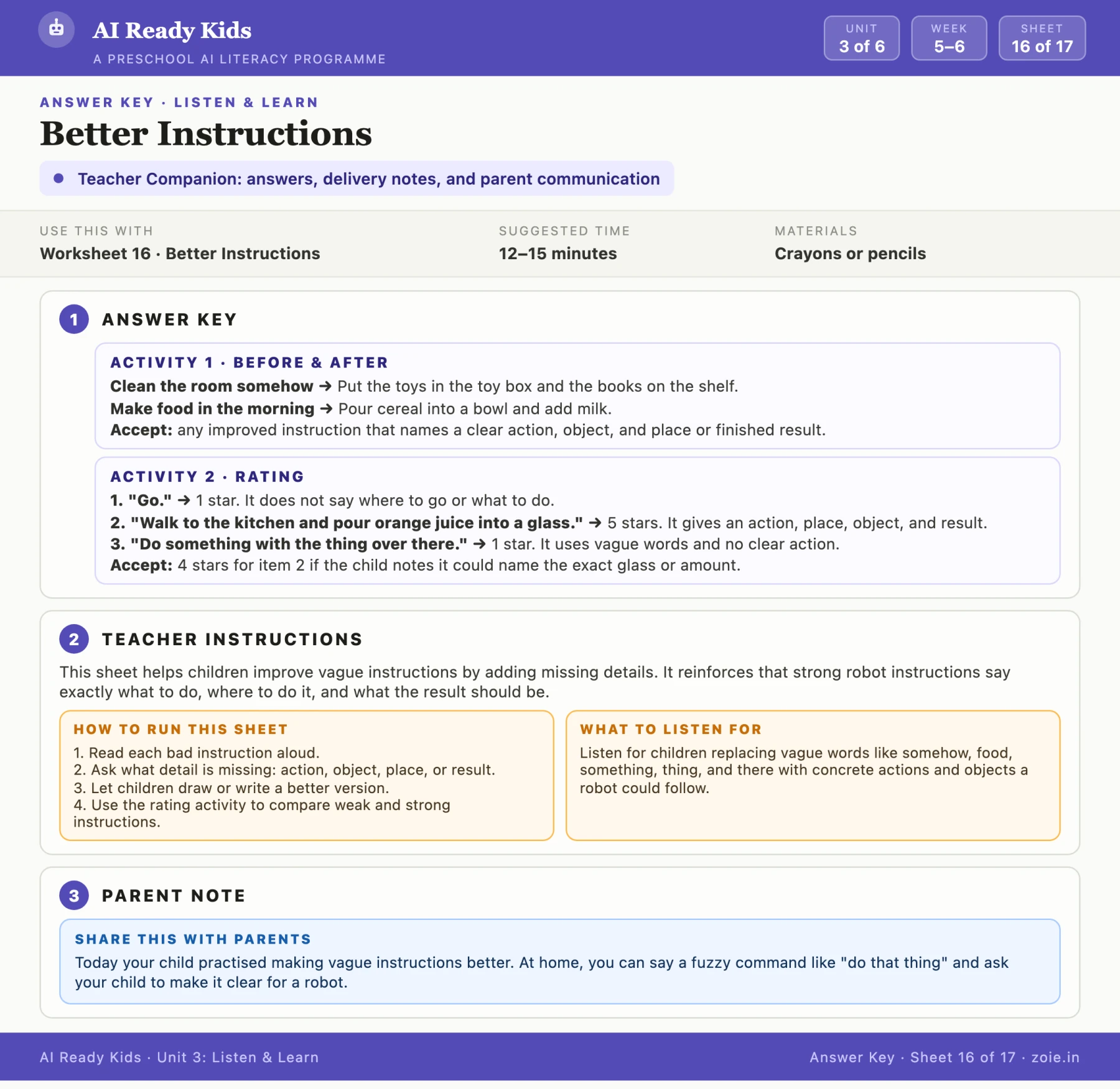 AI Ready Kids answer key and teacher guidance sample